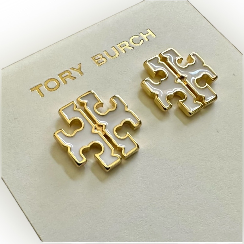 Tory Burch White & Gold Double T Logo Stud Earrings NWT